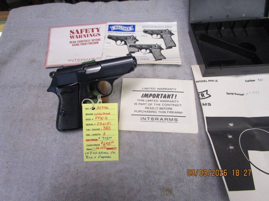 Walther PPK/S Interarms .380 caliber box and papers mint.  SOLD