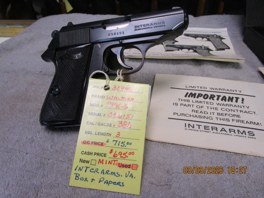 Walther PPK/S Interarms .380 caliber box and papers mint.  SOLD